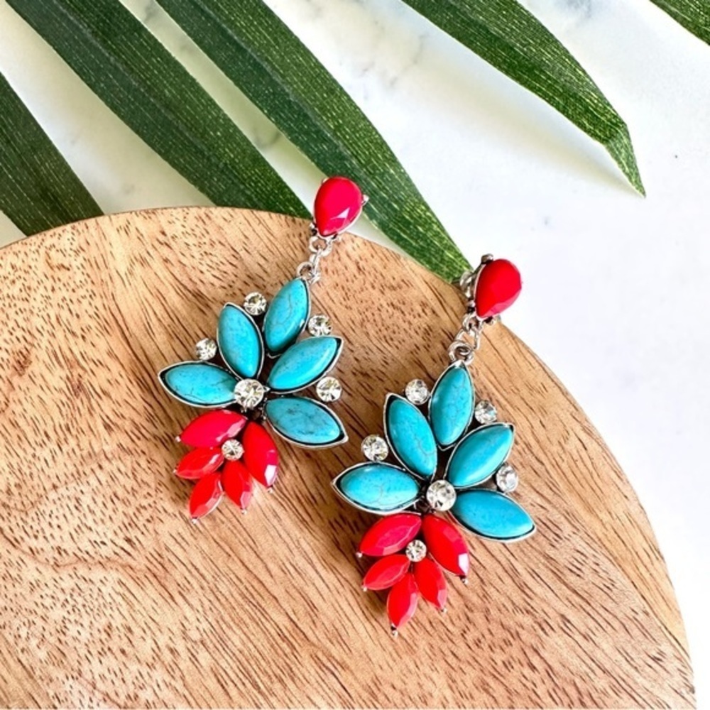 Turquoise & Red Floral Drop Earrings - Women Jewelry Earrings